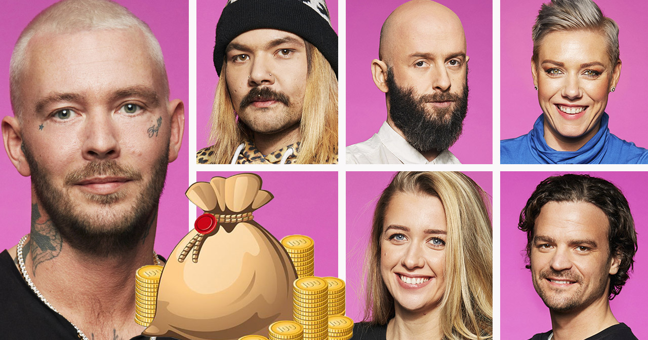 Joakim Lundell, Sami Jacobsson, Daniel Glasman, Lisa Engh, Jasmine Armstrong och Martin Forstén i Big Brother 2020.