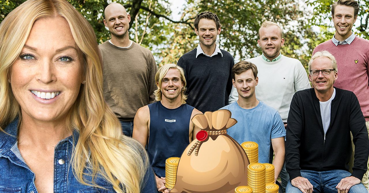 Linda Lindorff och bönderna Jimmy Olofsson, Alexander Andersson, André Petersson, Pelle Hansson Ed, Mattias Karlsson, Oscar Fjärrstrand och Ulf Lindkvist i Bonde söker fru 2019.